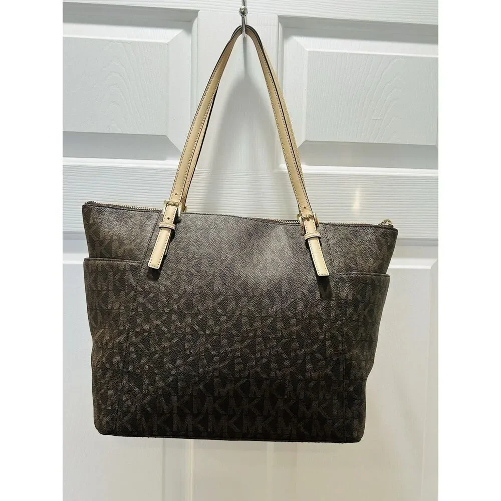 Michael Kors Jet Set Brown MK Logo Signature Tan Coated Canvas Trip Tote Bag